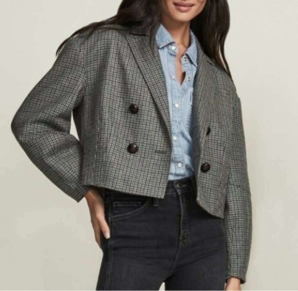Veronica Beard Sybille Cropped Houndstooth Wool Blend Blazer Size 6